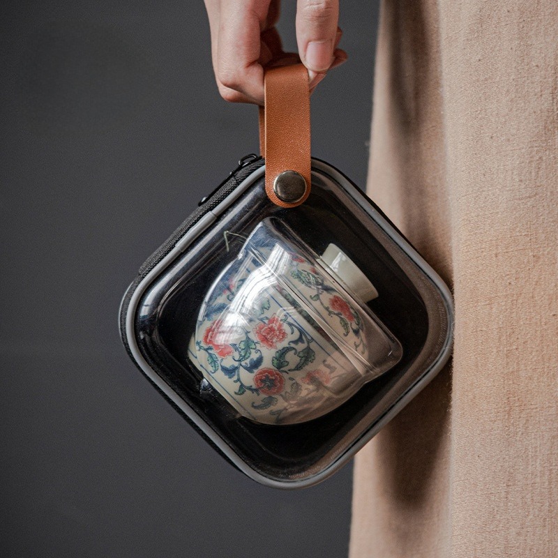 Flower Travel Tea Set, 1 Glass Teapot+2 Ceramic Cups