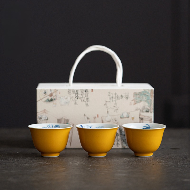 Yellow Tea Cup Set(3pcs) with Bamboo and Flower Deco