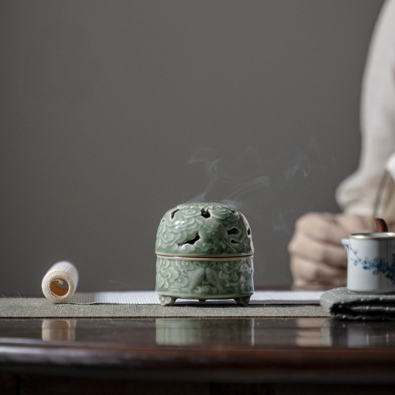 Bas-Relief Celadon Incense Burner Traditional Chinese Style