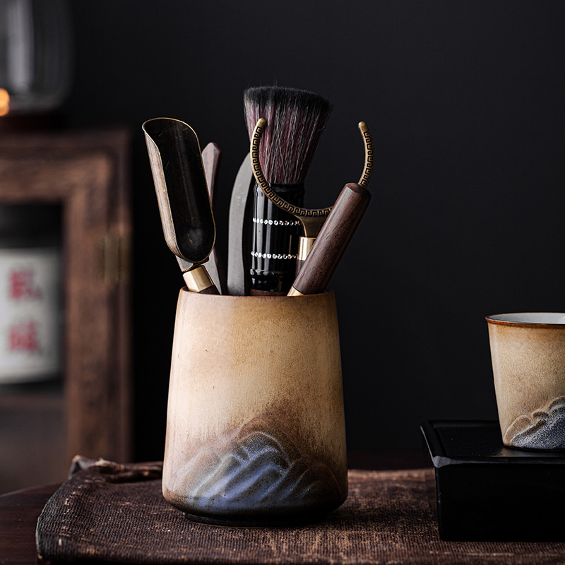 Kung Fu Tea Accessories Set, Toolkit (Spoon, Scoop, Tongs, Pick, Tea Brush) with Ceramic Vase