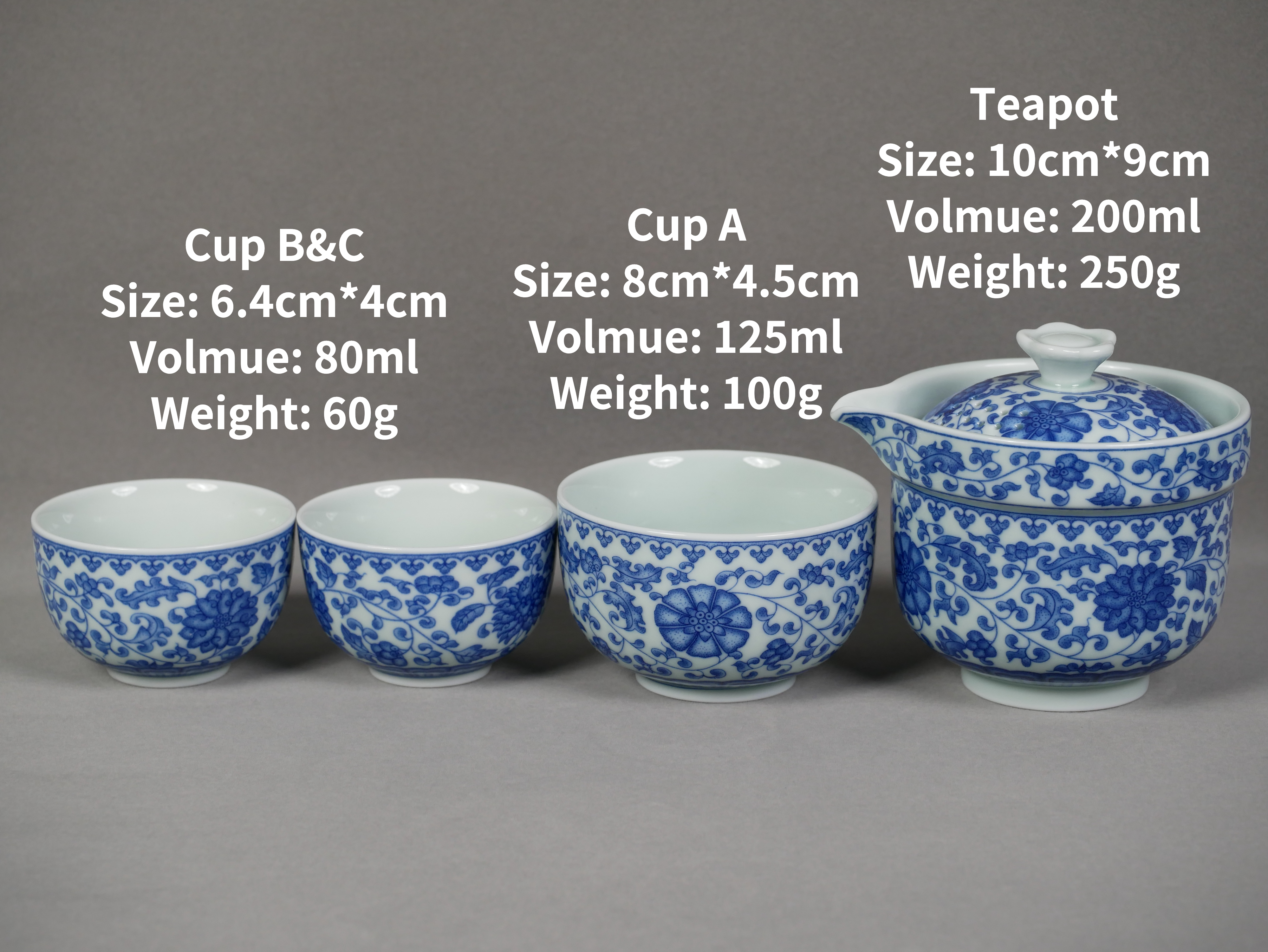 Blue-and-White Porcelain Travel Tea Set, 1 Teapot+3 Cups, Traditional Chinese Lotus Imagery 200ml