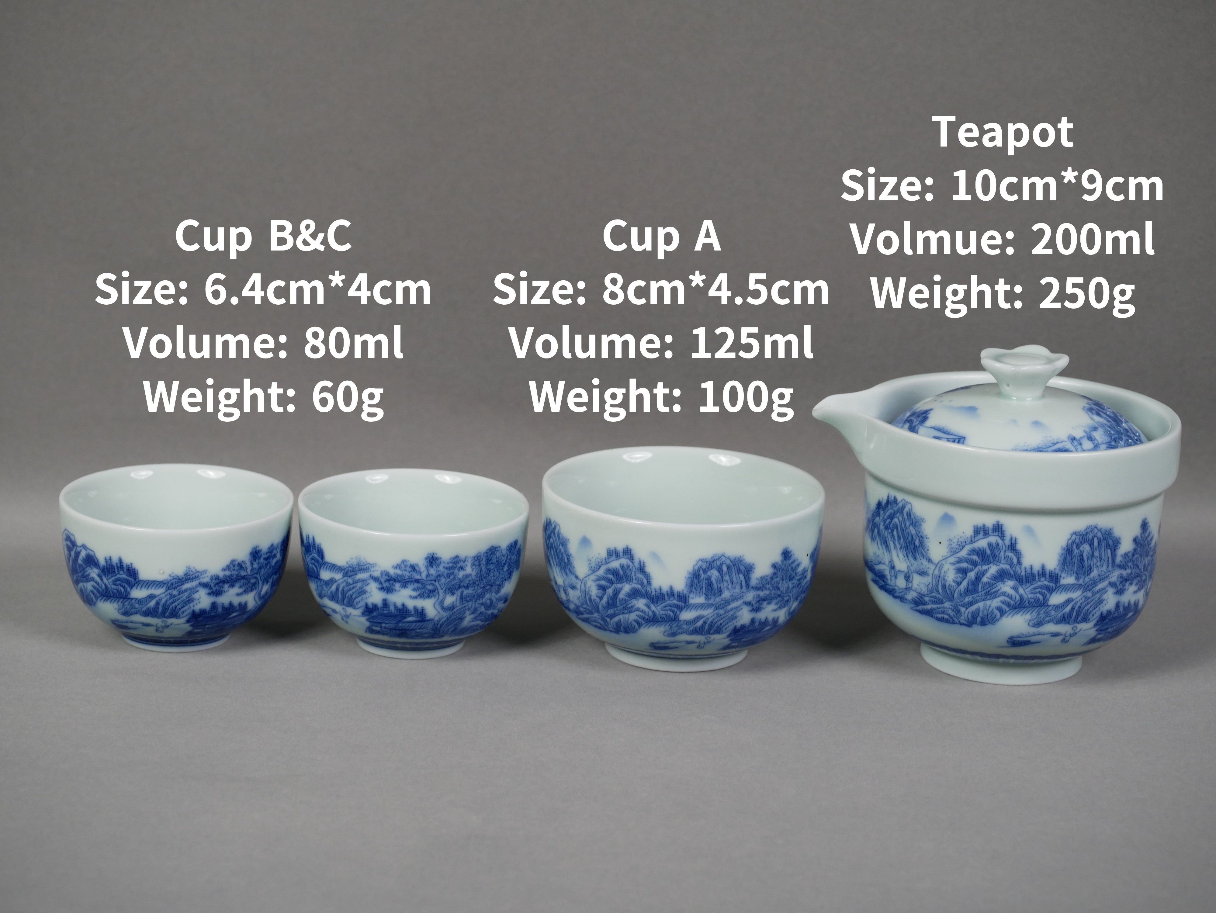 Blue-and-White Porcelain Travel Tea Set, 1 Teapot+3 Cups, Traditional Chinese Landscape Imagery 200ml