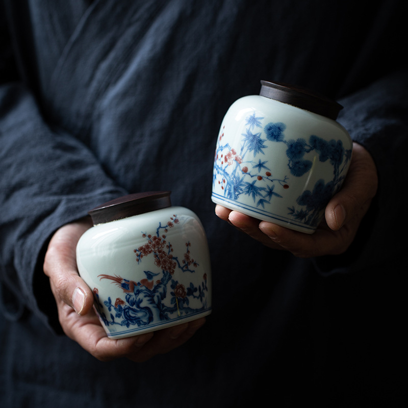 Ceramic Tea Canister 350ml, Blue-and-White Glazed Porcelain Tea Caddy
