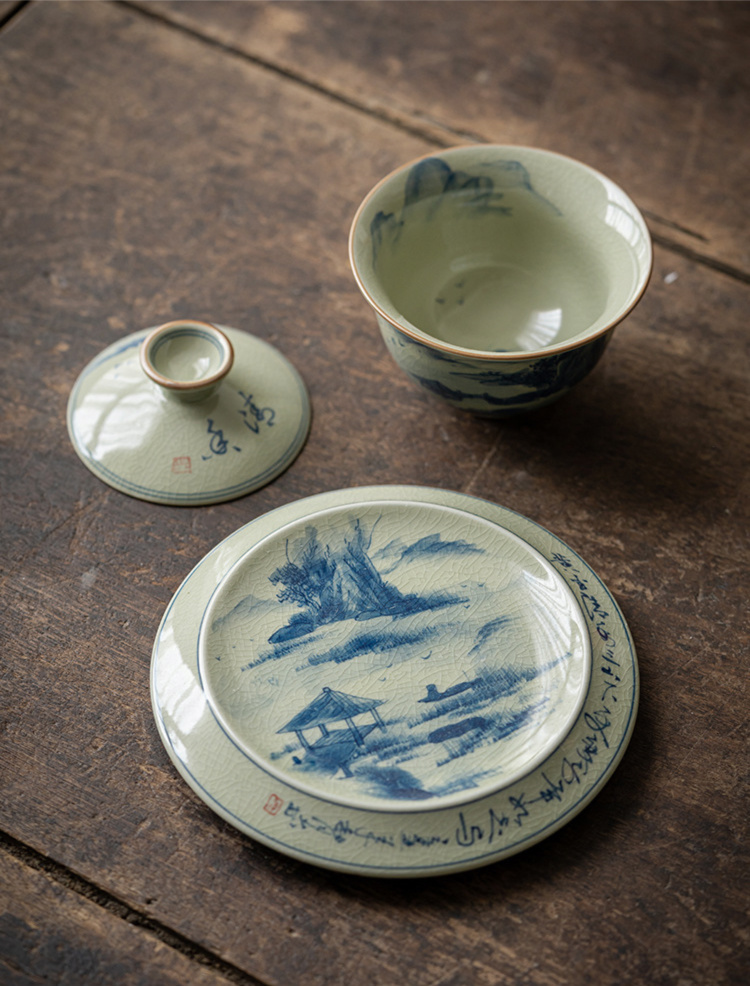 Porcelain Gaiwan Tea Set with Landscape and Calligraphy Pattern, Blue and White Porcelain Jingdezhen Pottery