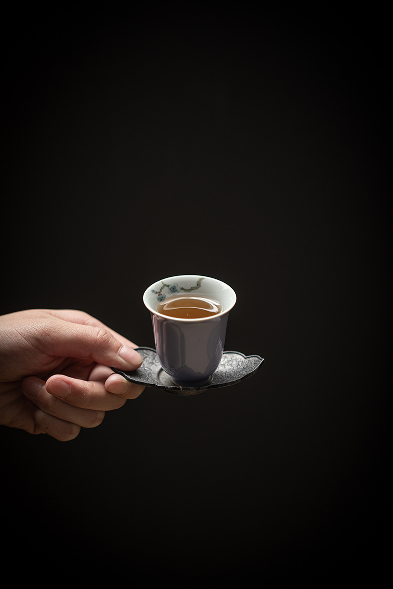 Purple Porcelain Tea Cup Set of 4 PCS, Flower and Bamboo Patterns