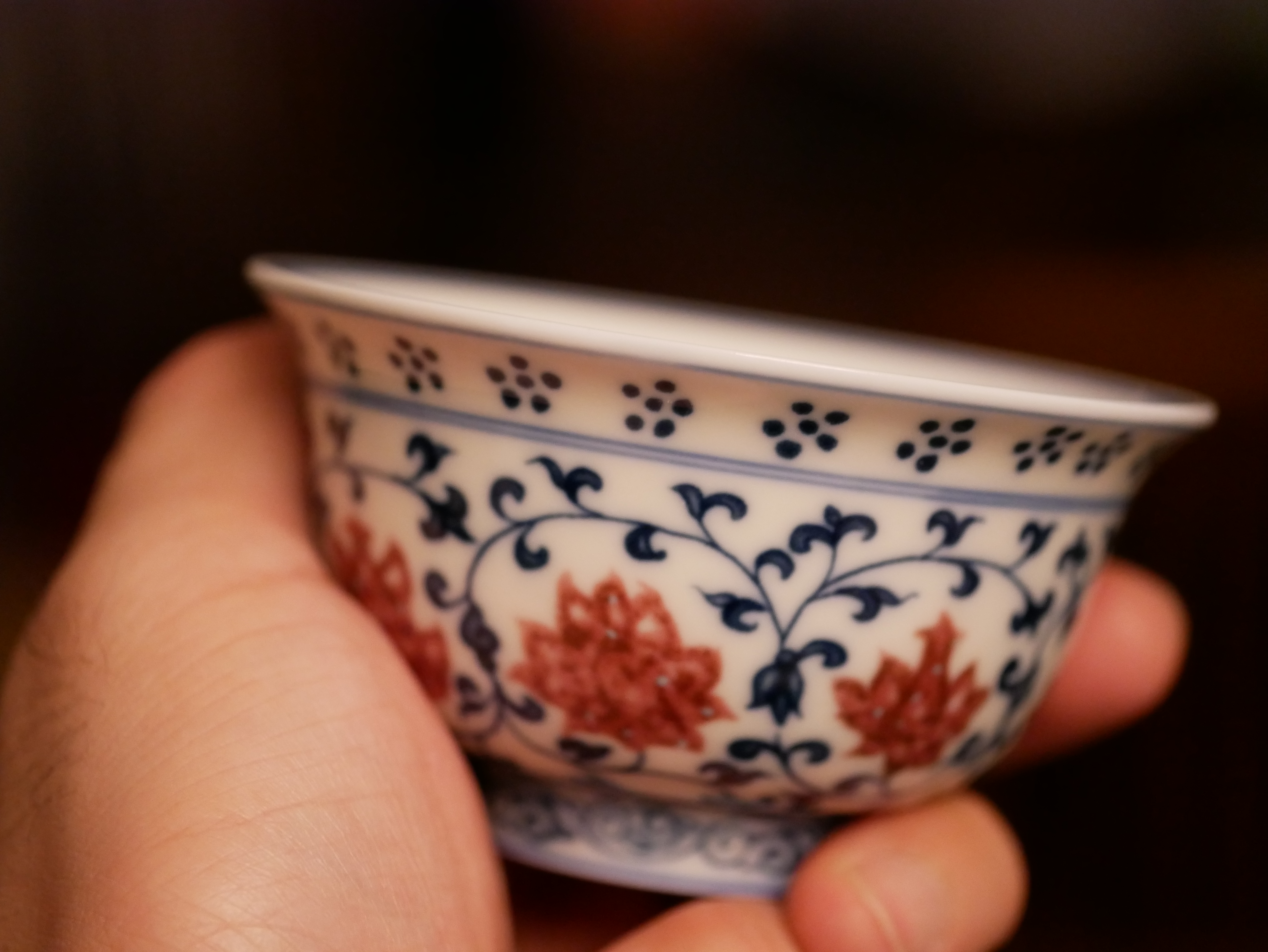 Porcelain Kungfu Tea Cup, Retro of Ming Dynasty Yongle Style, Underglaze Red and Blue, Press-Hand Cup 100ml
