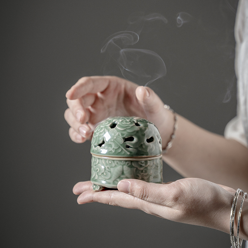 Bas-Relief Celadon Incense Burner Traditional Chinese Style