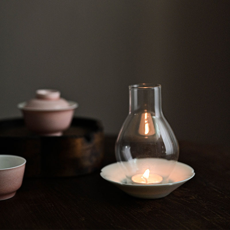 Japanese Style Tealight Candle Holder, Glass Shade+Ash White Porcelain Tray, Tea Room Decor