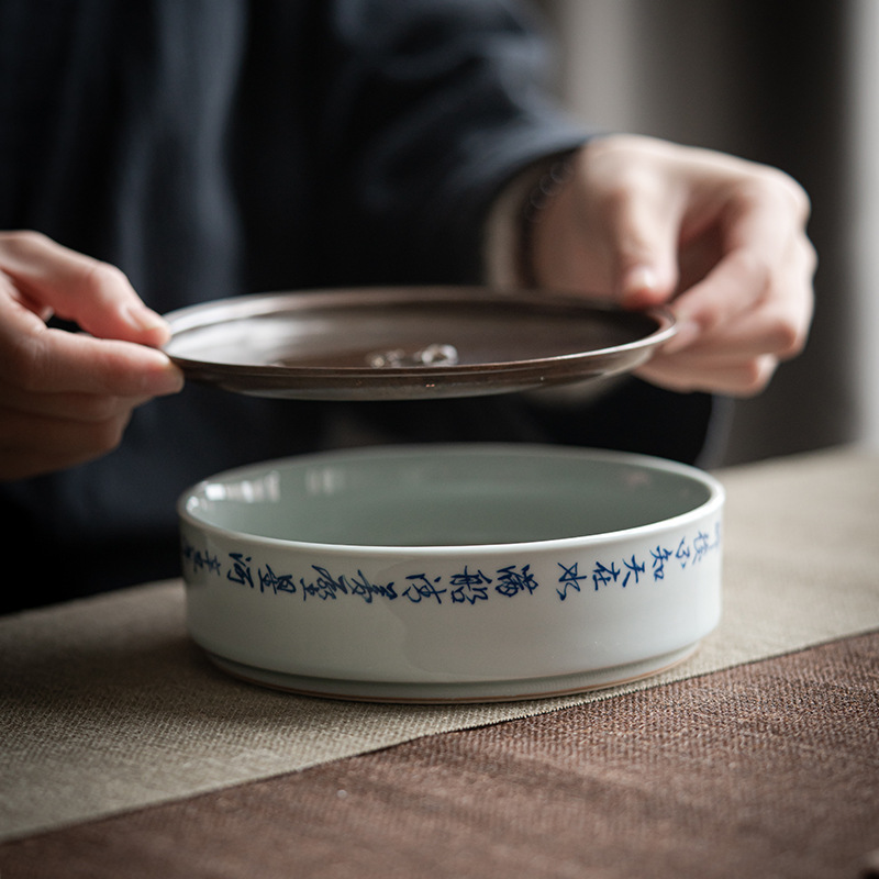 Ceramic Tea Tray with Chinese Poem Calligraphy, Kung Fu Tea Pot Holder Trivet