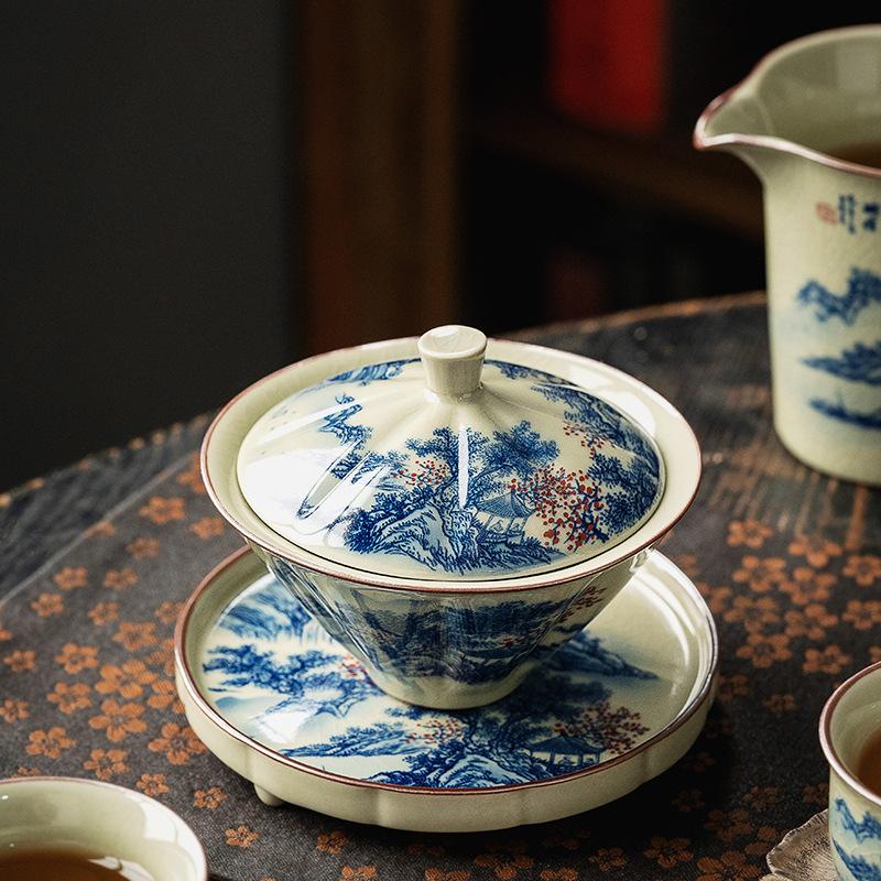 Porcelain Gaiwan Tea Set 130ml, Blue and White Landscape Pattern