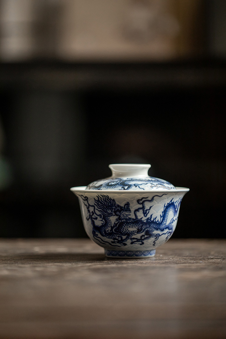Chinese Dragon Gaiwan Set, Blue and White Porcelain