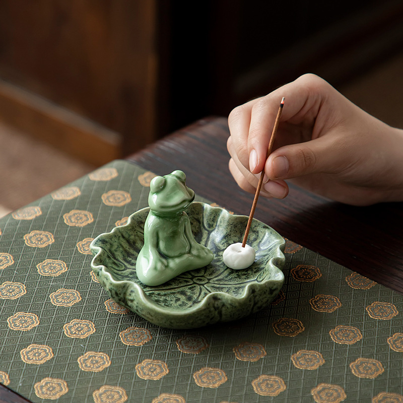 Ceramic Frog Incense Stick Holder, Zen Frog Toad In Meditation