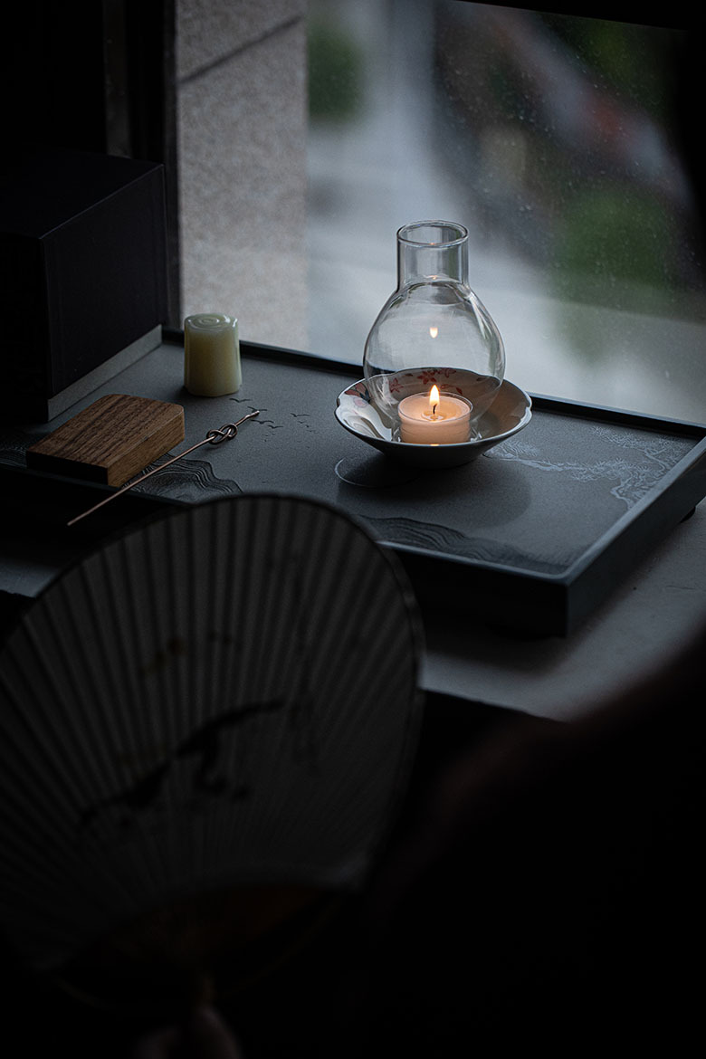 Japanese Style Tealight Candle Holder, Glass Shade+Porcelain Tray with Flower Pattern, Tea Room Decor