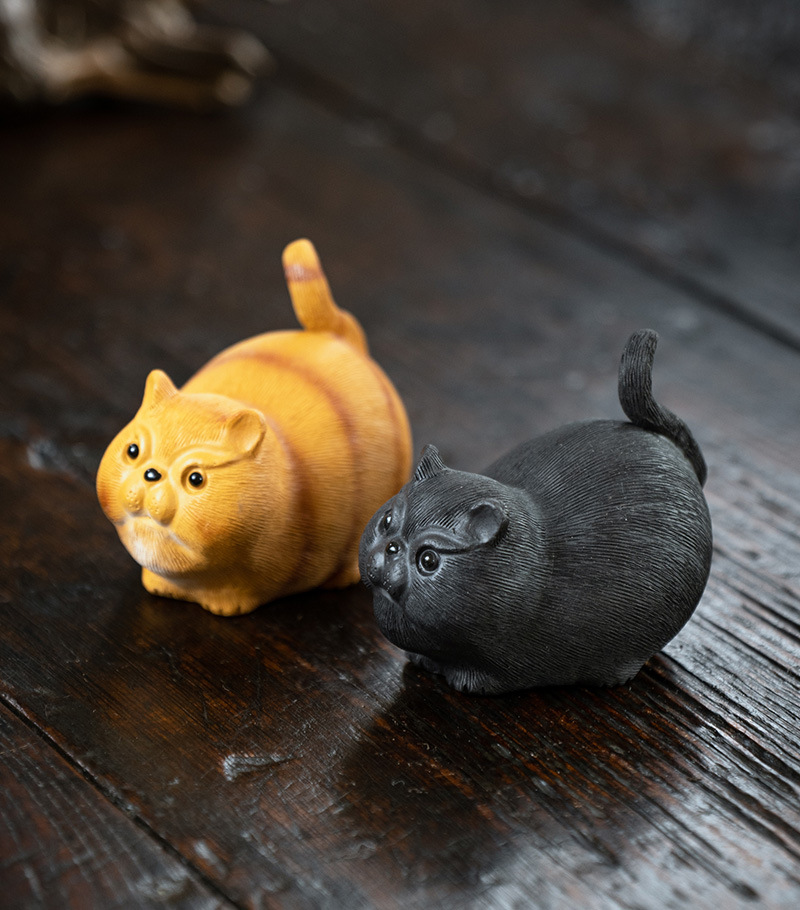 Cute Chubby Cat, Purple Clay Tea Pet, Black/Orange Kitty