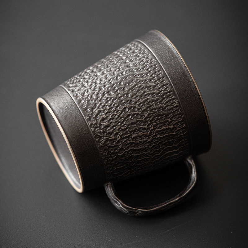 Black Iron Mug, Stoneware Coffee Mug with Saucer Set 350ml, Handmade Pottery Mug