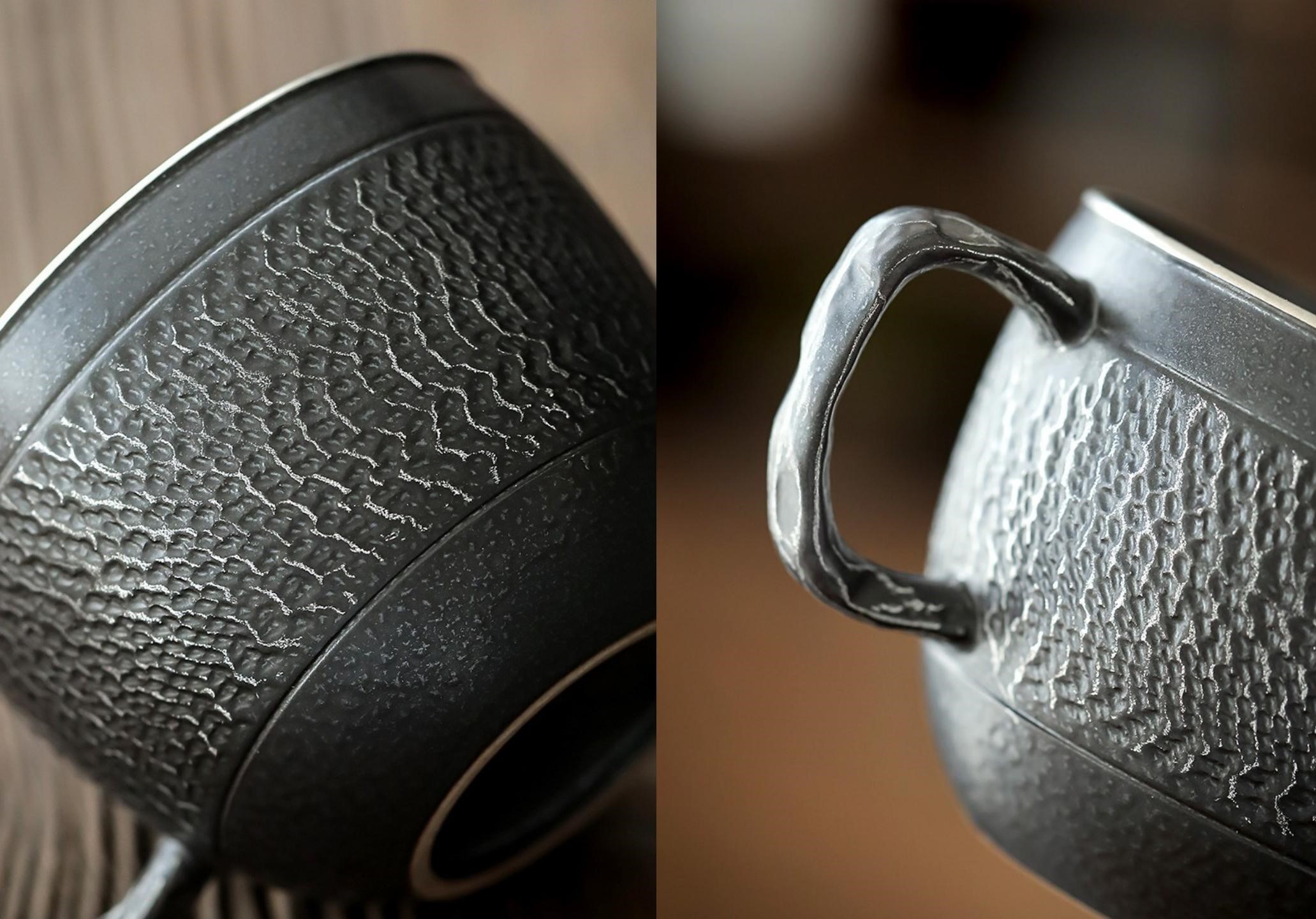 Black Iron Mug, Stoneware Coffee Mug with Saucer Set 250ml, Handmade Pottery Mug