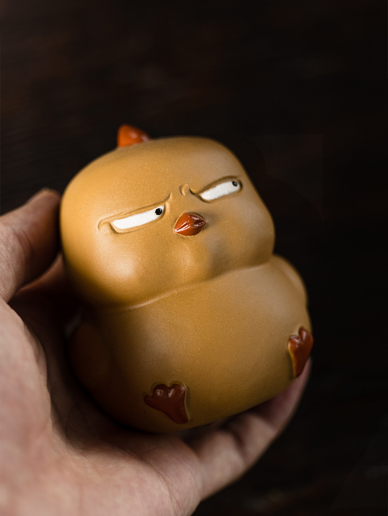  Badass Yellow Chicken Family Figurine, Chinese Tea Pet Made of Yixing Zisha Clay