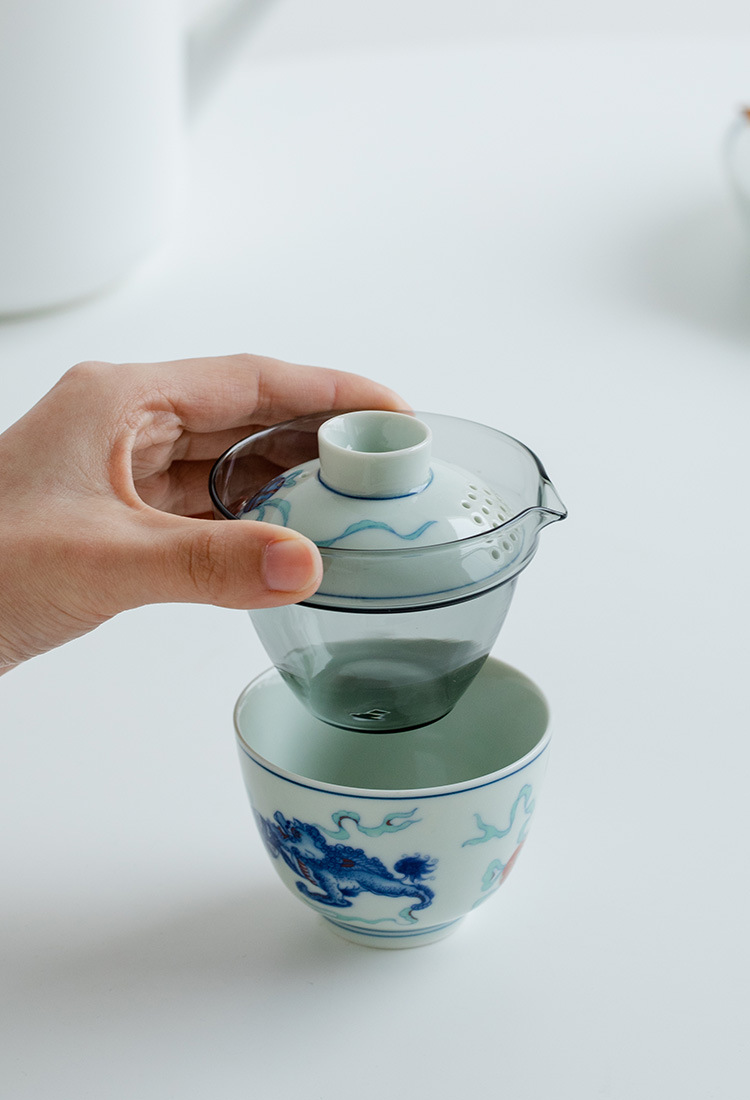 Lion/Dragon Pattern Travel Tea Set, 1 Glass Teapot+1 Ceramic Cup