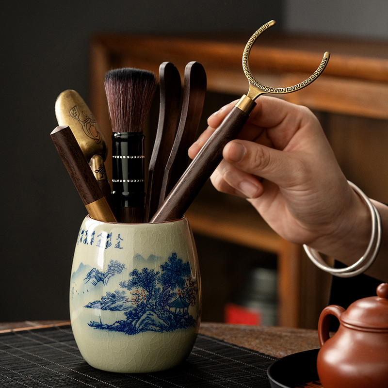 	 Tea Ceremony Tool Kit, Kung Fu Tea Accessories Set with Landscape Ceramic Container