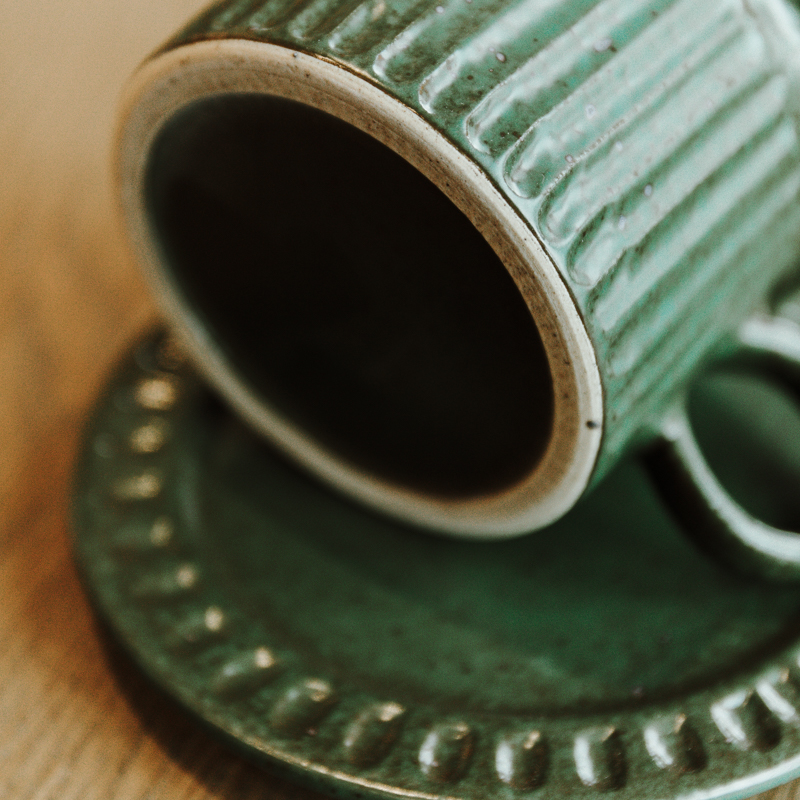 Fambe Green Stoneware Mug with Saucer, Japanese Vintage Style Coffee Cup Set 150ml