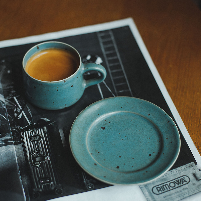 Green Stoneware Mug Set with Saucer, Japanese Vintage Style Expresso Cup 60ml