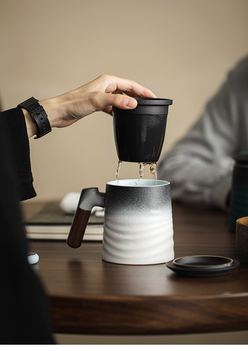 Japanese Style Tea Mug With Infuser 400ml, Bas-Relief Waves Pattern, 3 Colors Optional