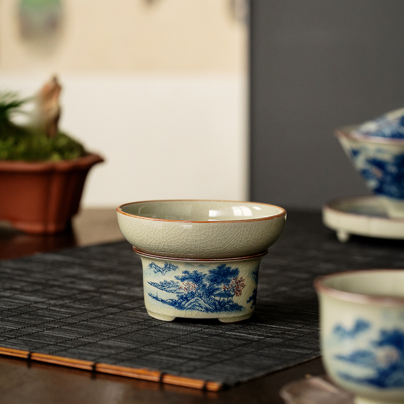 Landscape Strainer Set, Porcelain Stainer+Holder, Chinese Kungfu ea Accessory