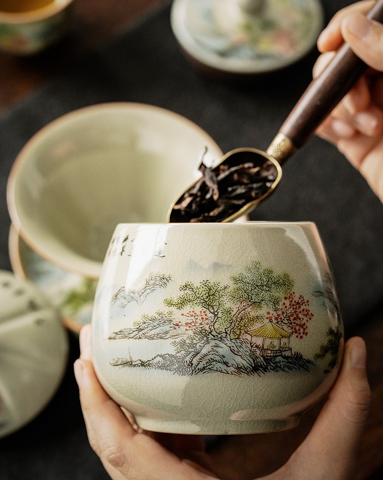Tea Canister Landscape and Calligraphy 300ml, Blue and White Jingdezhen Pottery