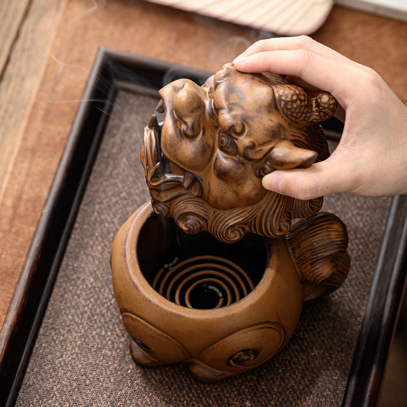 Lion Incense Burner, Handmade Ceramic Pottery Vintage Look Incense Burner Lion Figurine