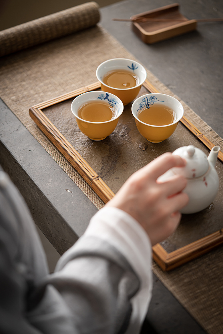 Yellow Tea Cup Set(3pcs) with Bamboo and Flower Deco