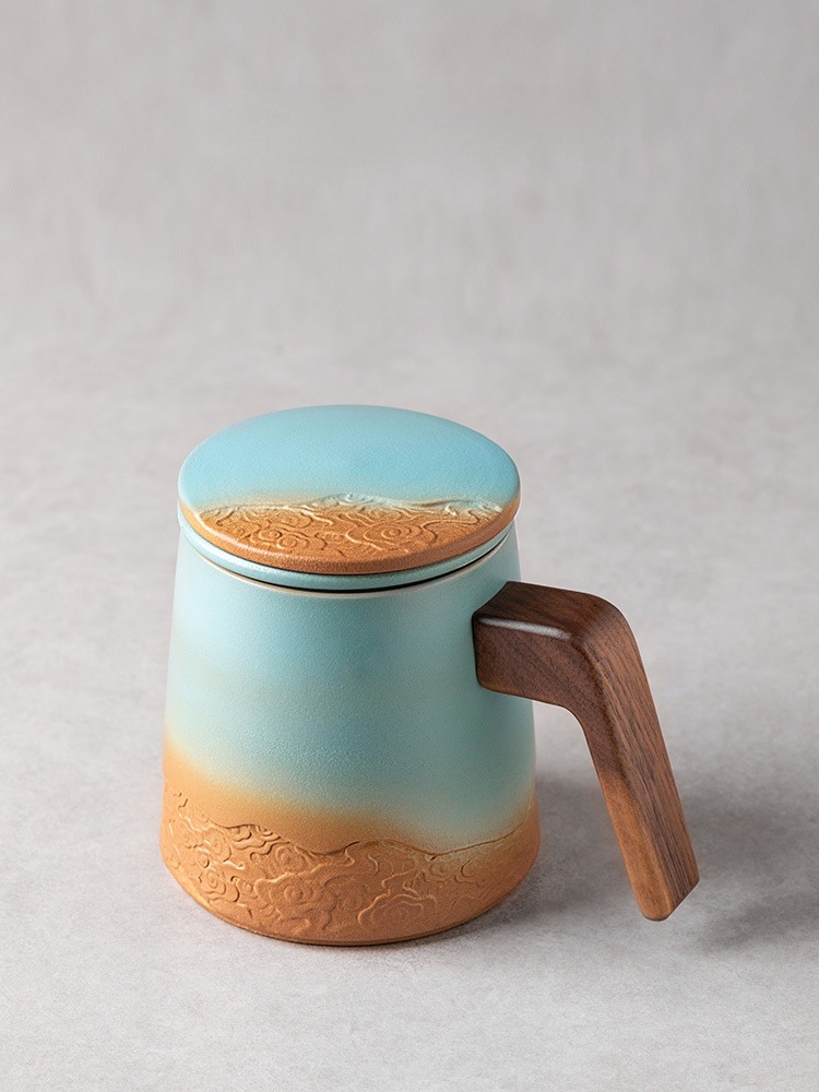 Sky Gradient Tea Mug With Infuser 360ml, Engraved Cloud Pattern, 4 Colors Optional