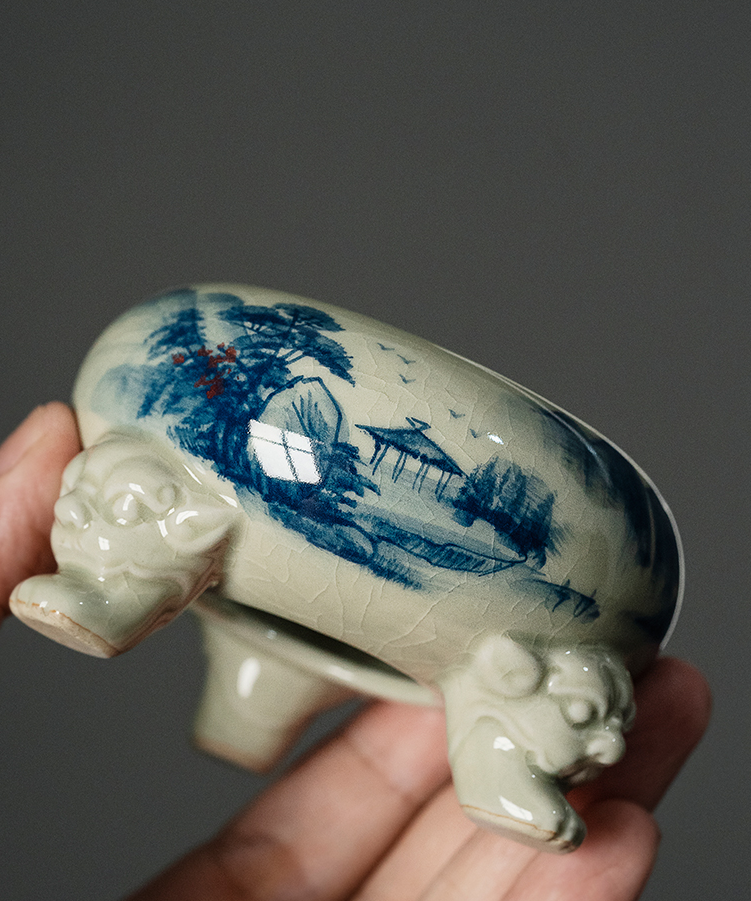 Landscape Strainer Set, Porcelain Stainer+Holder, Blue and White Jingdezhen Pottery