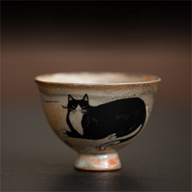 Japnese Shino Ware Style Black Cat Tea Cup 60ml