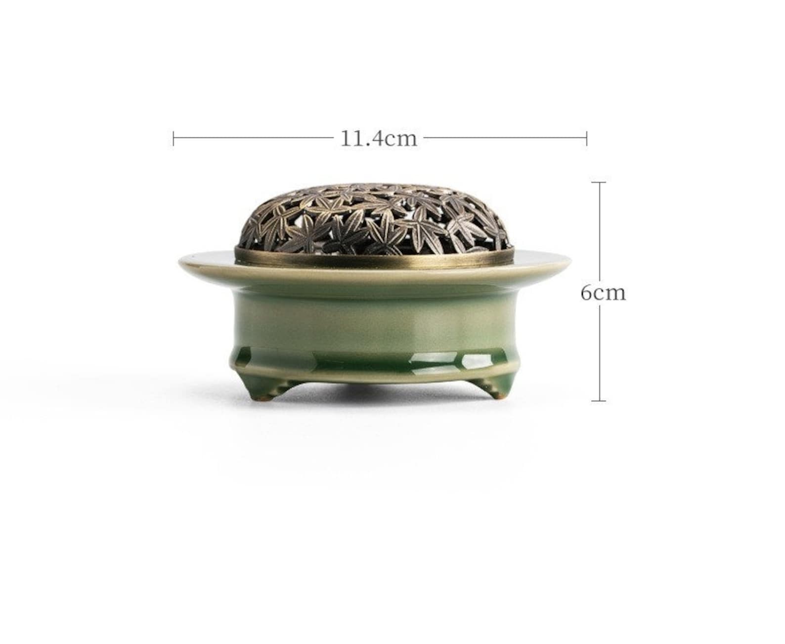 Minimal Style Celadon Incense Burner with Copper Cover and Flower Pattern