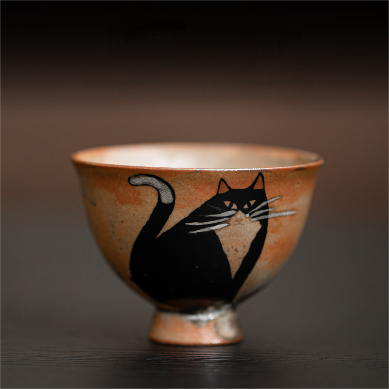 Japnese Shino Ware Style Black Cat Tea Cup 60ml