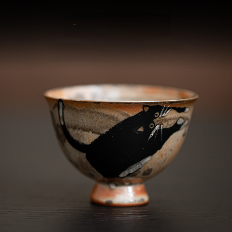 Japnese Shino Ware Style Black Cat Tea Cup 60ml