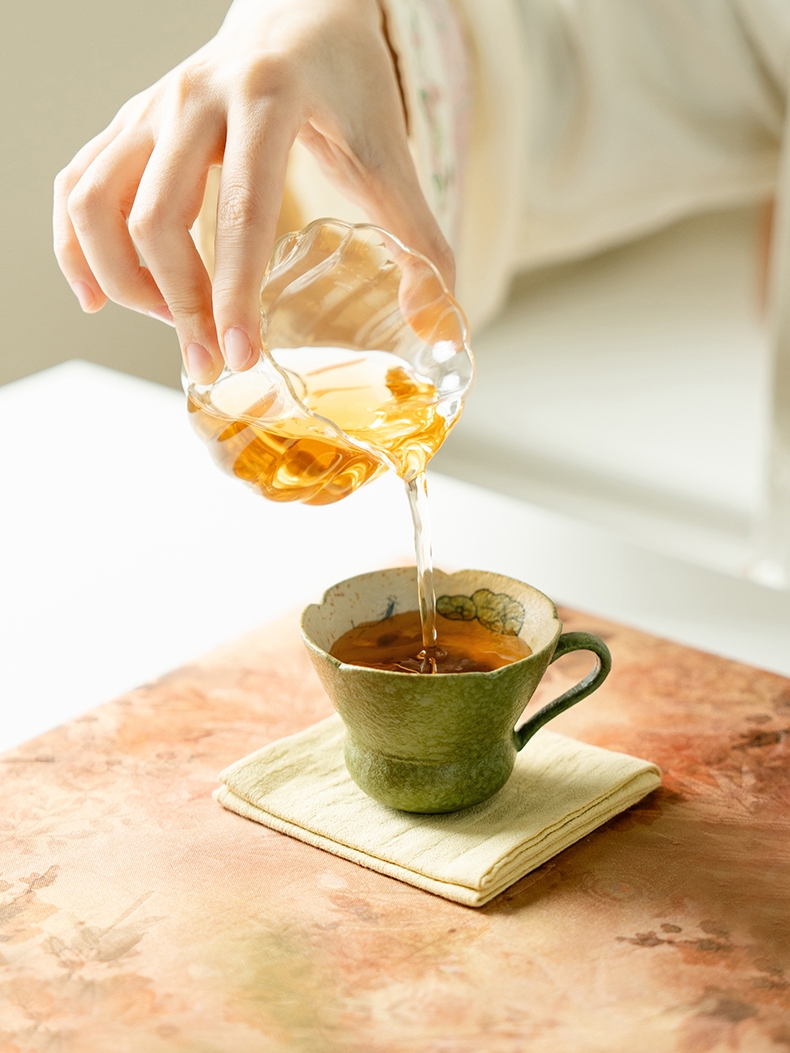 Green Mug with Saucer 80ml, Fish and Lotus