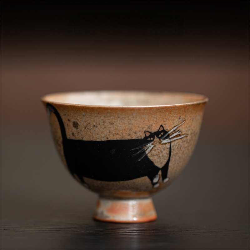 Japnese Shino Ware Style Black Cat Tea Cup 60ml