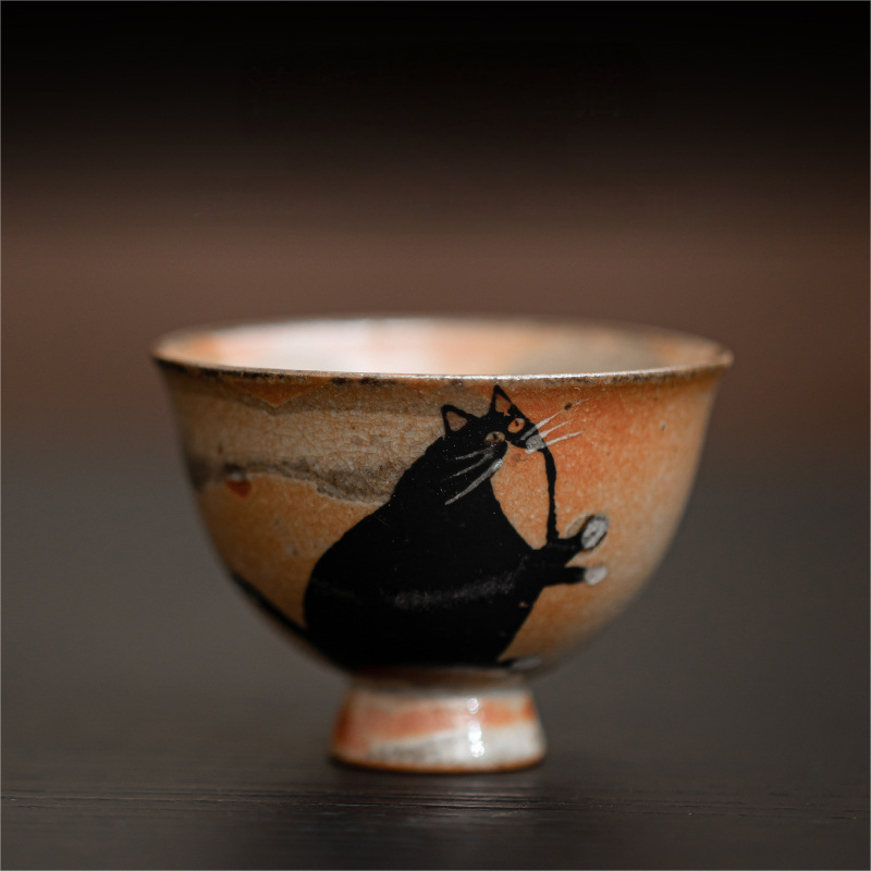 Japnese Shino Ware Style Black Cat Tea Cup 60ml