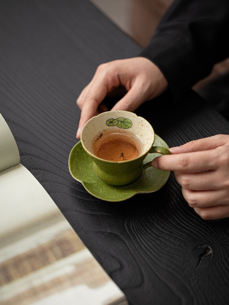 Green Mug with Saucer 80ml, Fish and Lotus