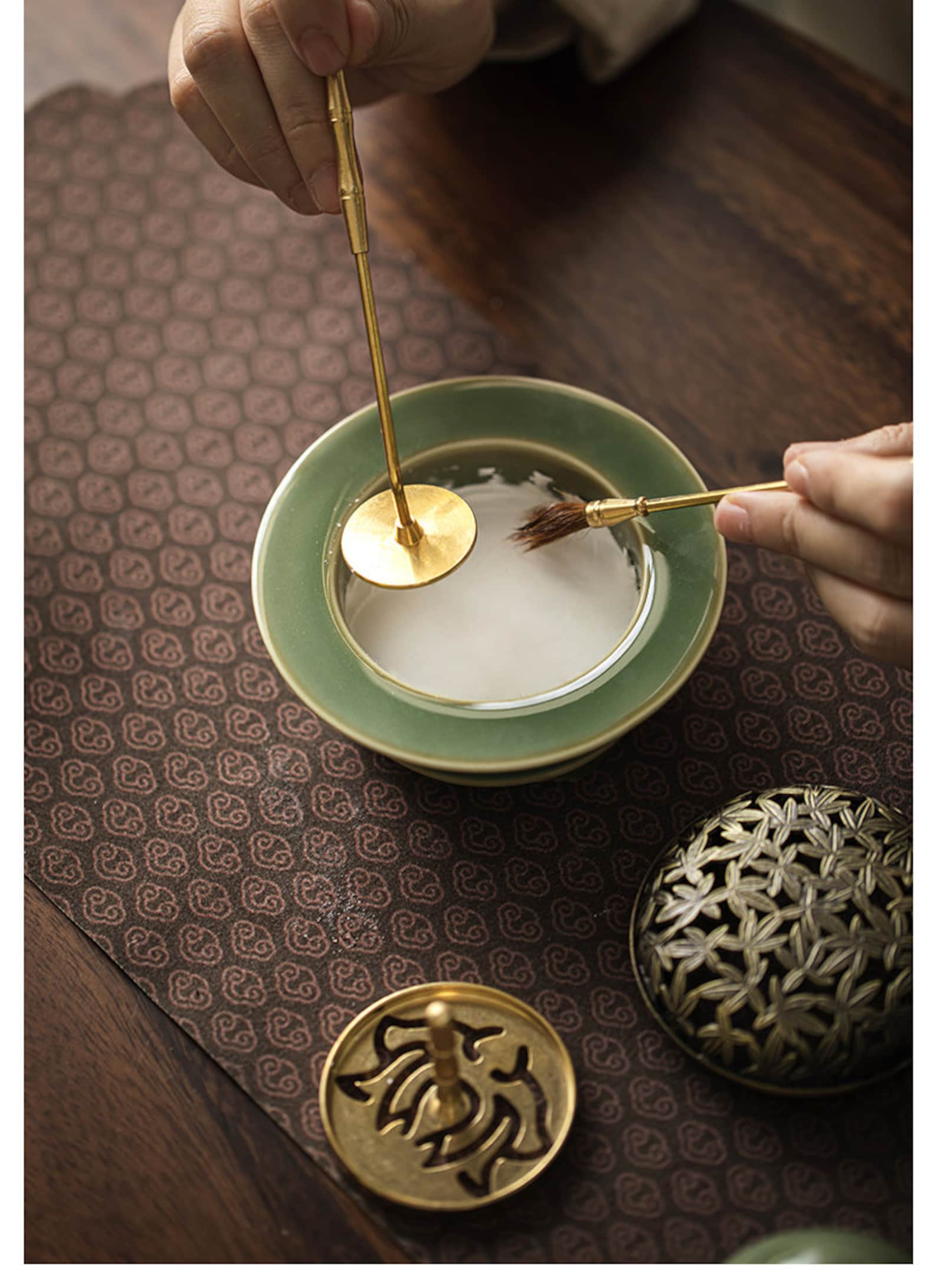 Minimal Style Celadon Incense Burner with Copper Cover and Flower Pattern