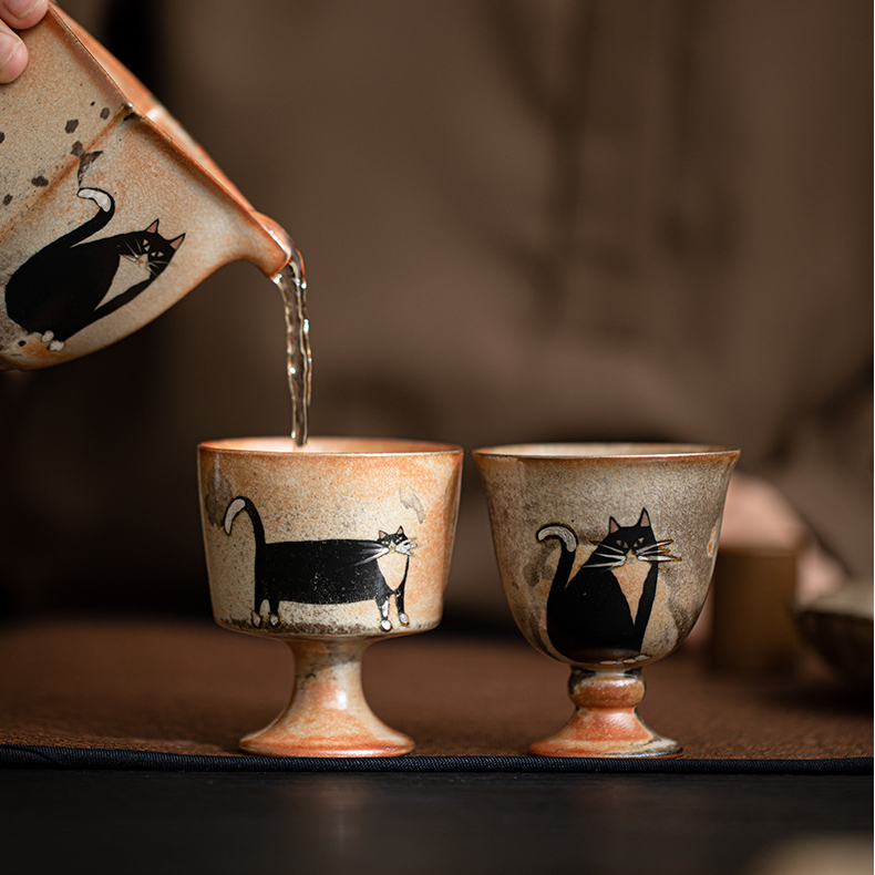 Japanese Shino Ware Style Black Cat Tea Cup