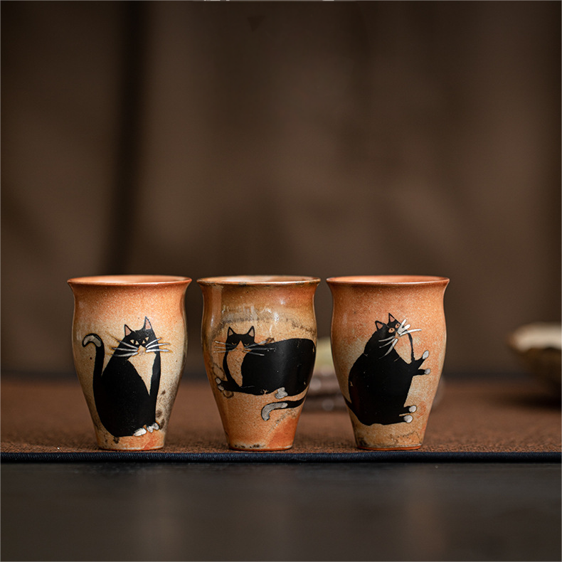 Japanese Shino Ware Style Black Cat Tea Cup 50ml
