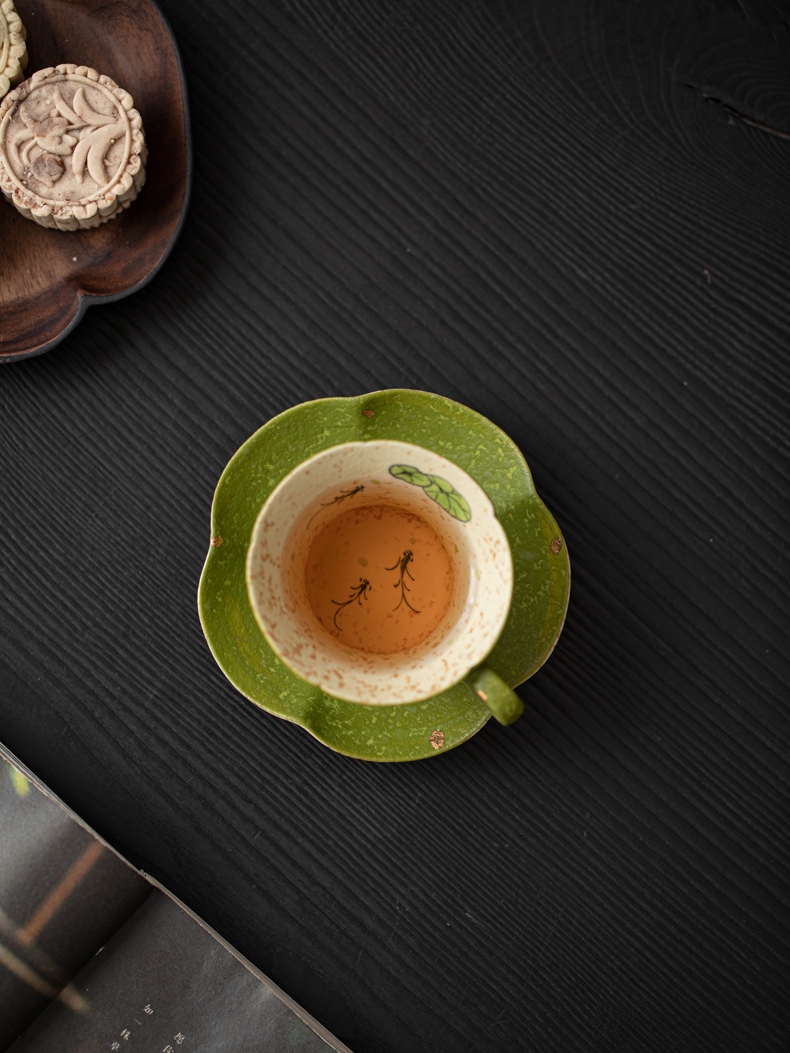 Green Mug with Saucer 80ml, Fish and Lotus
