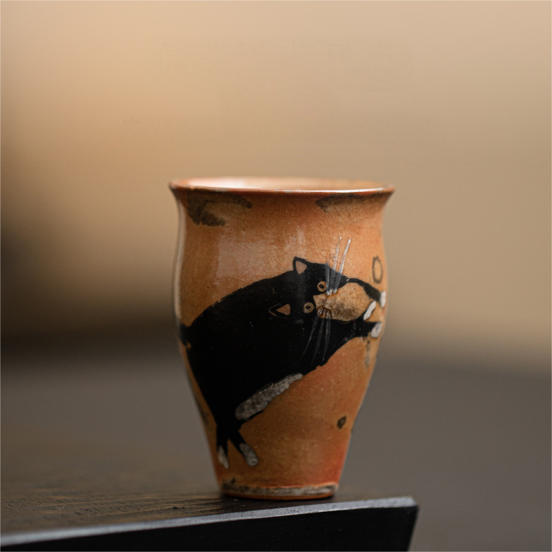 Japanese Shino Ware Style Black Cat Tea Cup 50ml
