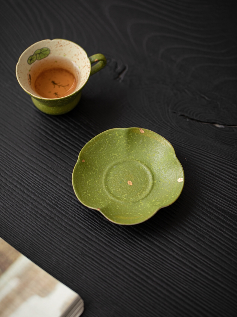 Green Mug with Saucer 80ml, Fish and Lotus