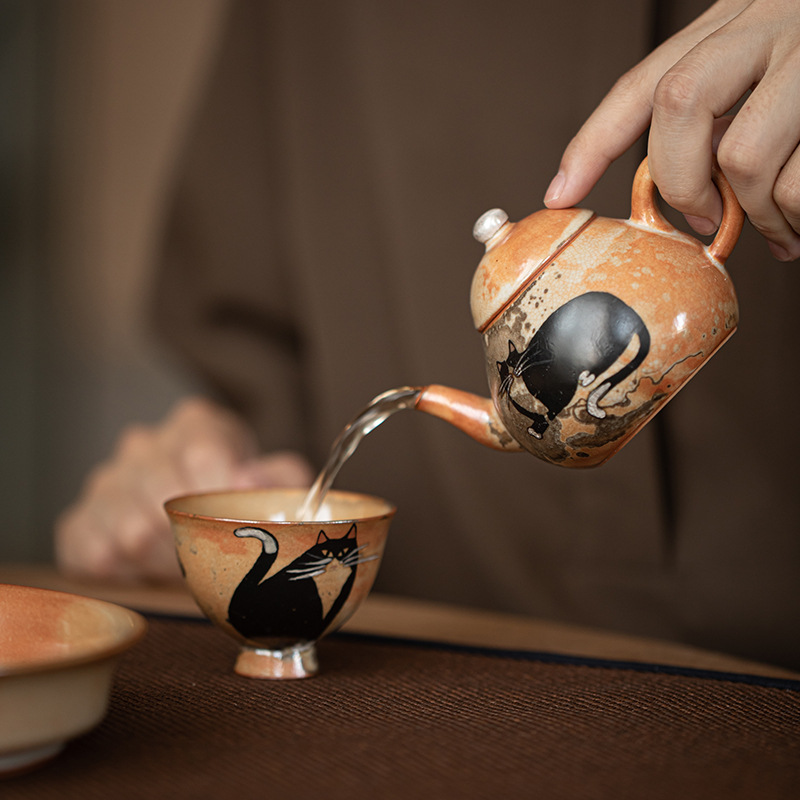 Japanese Shino Ware Style Black Cat Teapot 110ml