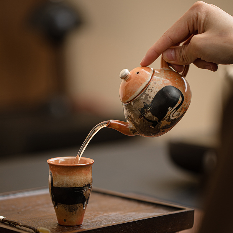 Japanese Shino Ware Style Black Cat Teapot 110ml