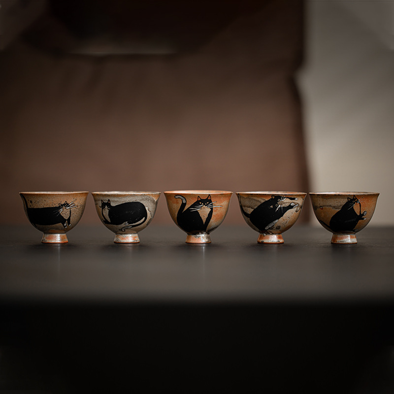 Japnese Shino Ware Style Black Cat Tea Cup 60ml