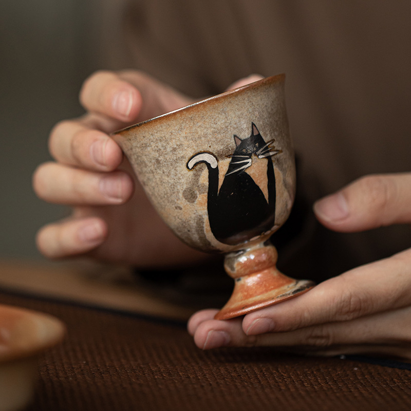 Japanese Shino Ware Style Black Cat Tea Cup